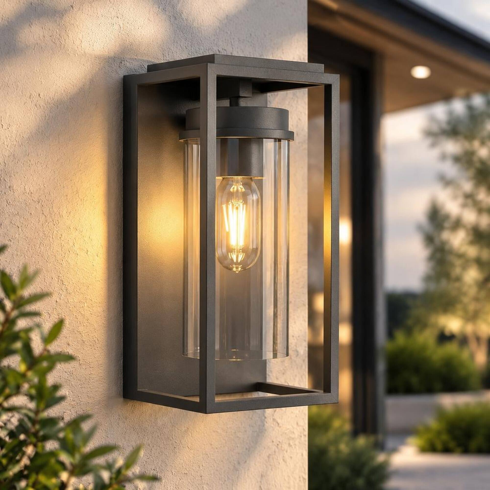Front. RYHNUYNE - Dusk To Dawn 12.4 In Outdoor Wall Sconce, Waterproof Modern Exterior Light Fixture for House Porch Garage Black - Black.