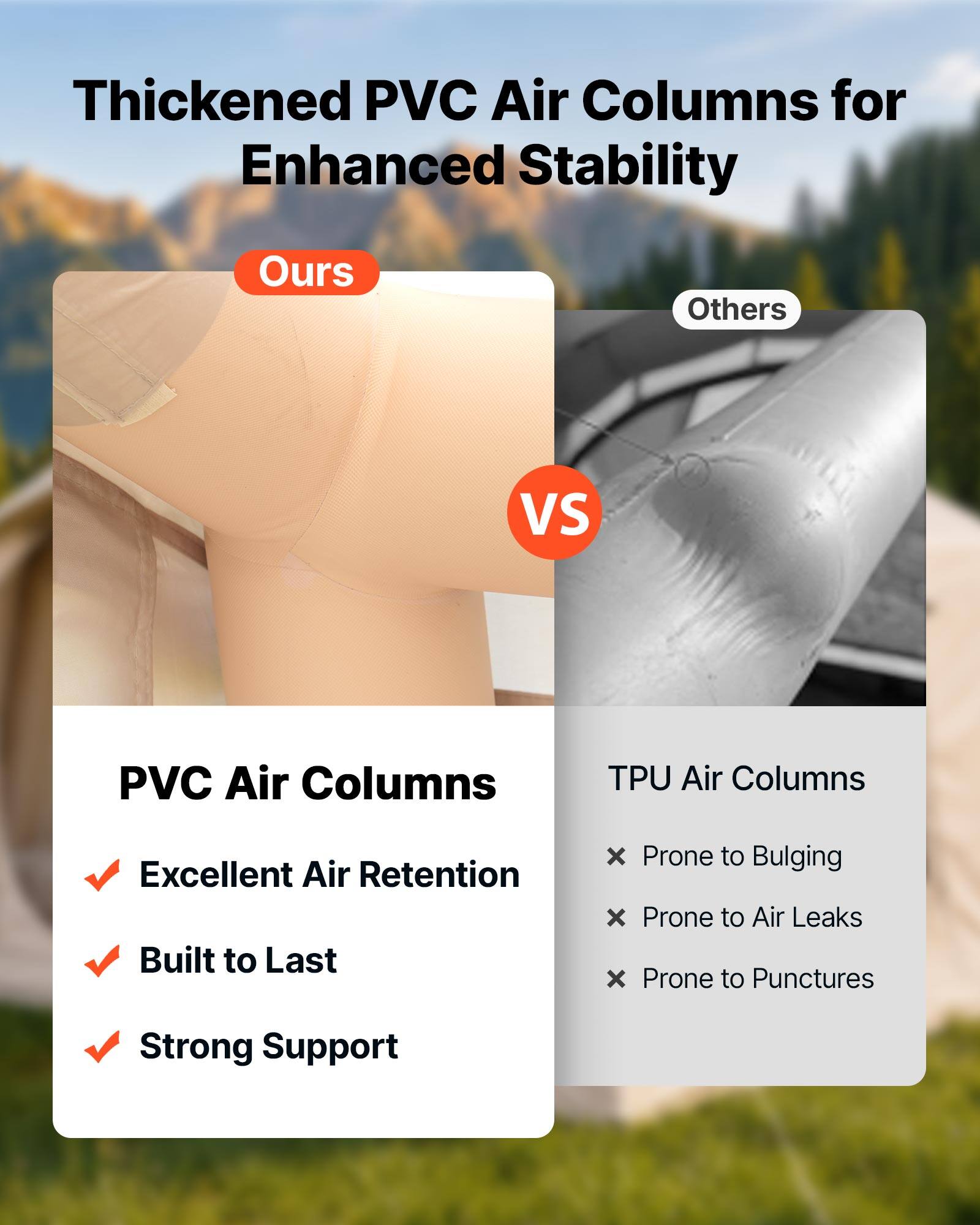 Thickened PVC Air Columns for Enhanced Stability

Ours
Others
VS

PVC Air Columns
TPU Air Columns

Excellent Air Retention
Built to Last
Strong Support

Prone to Bulging
Prone to Air Leaks
Prone to Punctures