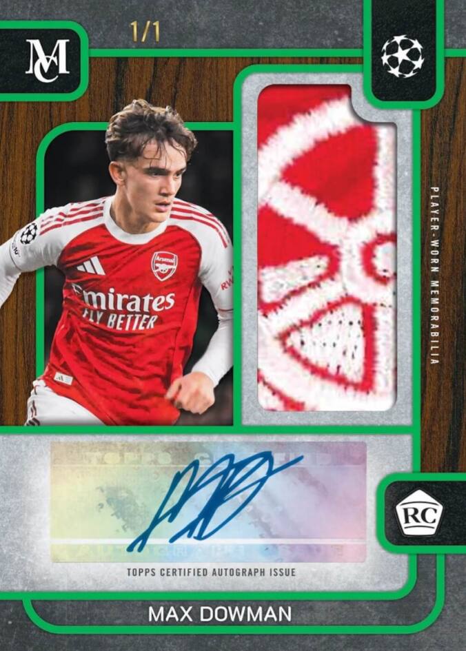 M  
1/1  
Arsenal Emirates Fly Better  
RW  
PLAYER-WORN MEMORABILIA  
RC  
TOPPS CERTIFIED AUTOGRAPH ISSUE  
MAX DOWMAN