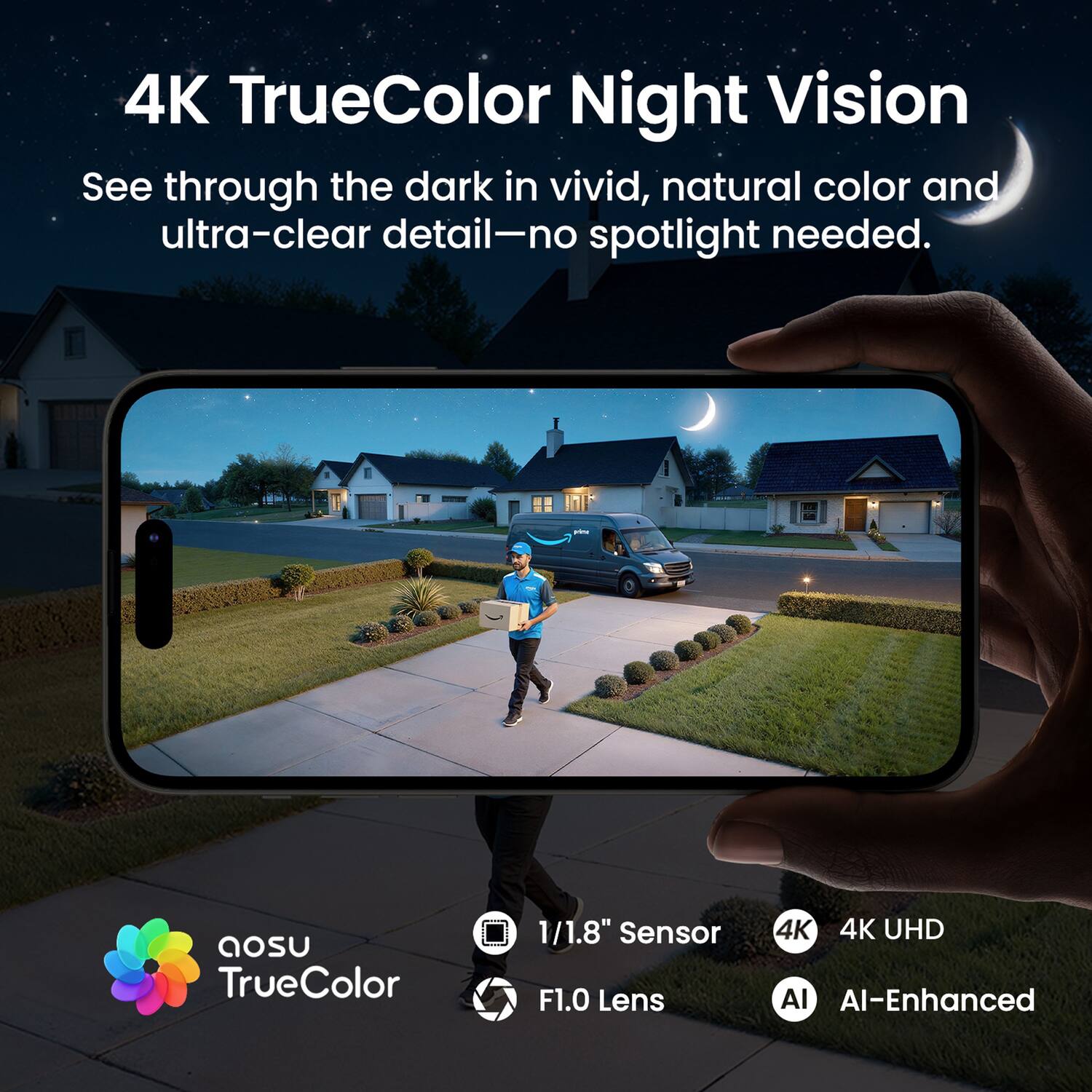 4K TrueColor Night Vision  
See through the dark in vivid, natural color and ultra-clear detail—no spotlight needed.

FICE  
aosu TrueColor  
1/1.8" Sensor F1.0 Lens  
4K 4K UHD AI AI-Enhanced
