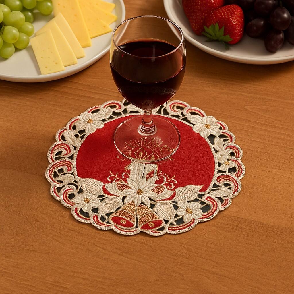 Angle. Jiallo - Poinsettia Embroidered Cutwork Round Placemat, 8-Inch diameter Table Linen - Red.