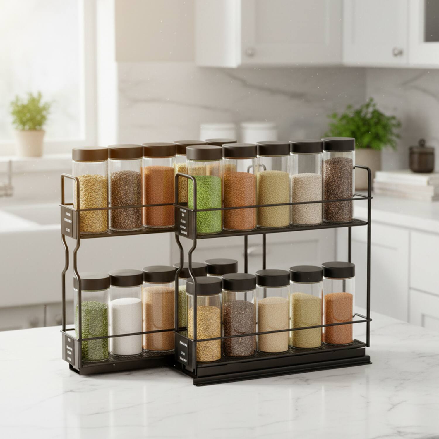 Back. Tooloton - Pull Out Spice Rack Organizer with 2 Drawers, Heavy Duty Slide Out Cabinet Organizer with Labels - Black.