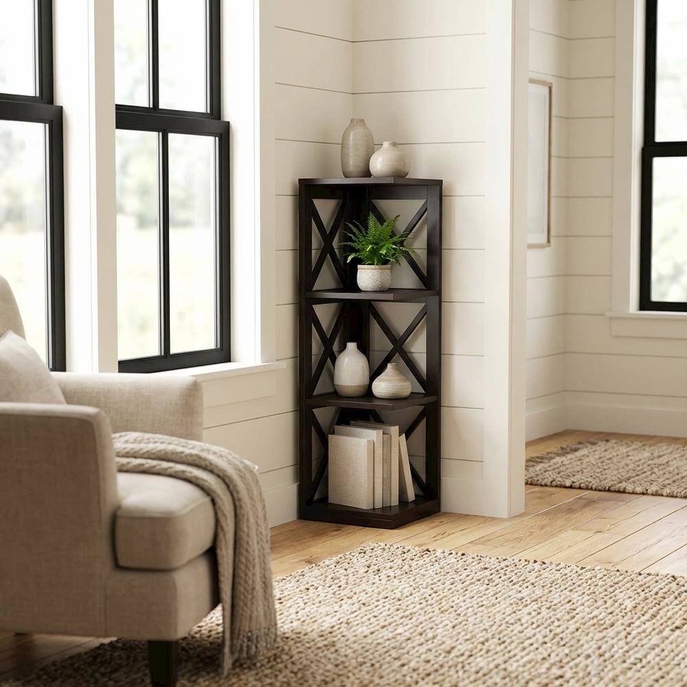 Alt View 1. FurniFact - Corner Bookcase in Finish with 3 Tiers - Espresso.