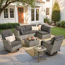 Ovios - 8 PCS Patio Furniture Sofa Set Wicker Sofa Couch with Swivel Chair, Coffee Table & Side Table - Black