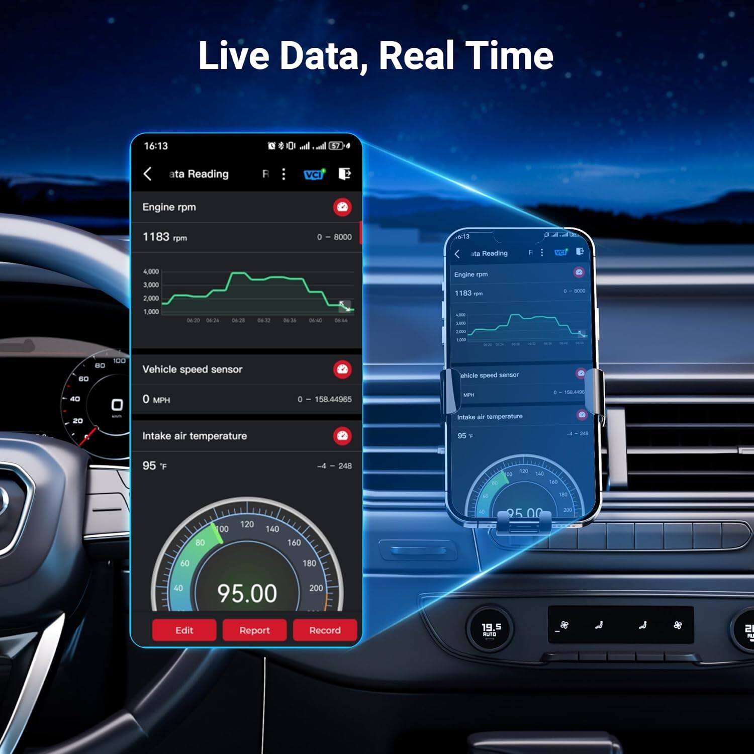 Live Data, Real Time

16:13

Data Reading

Engine rpm
1183 rpm
0 - 8000

Vehicle speed sensor
0 MPH
0 - 158.44965

Intake air temperature
95°F
-4 - 248

Edit Report Record