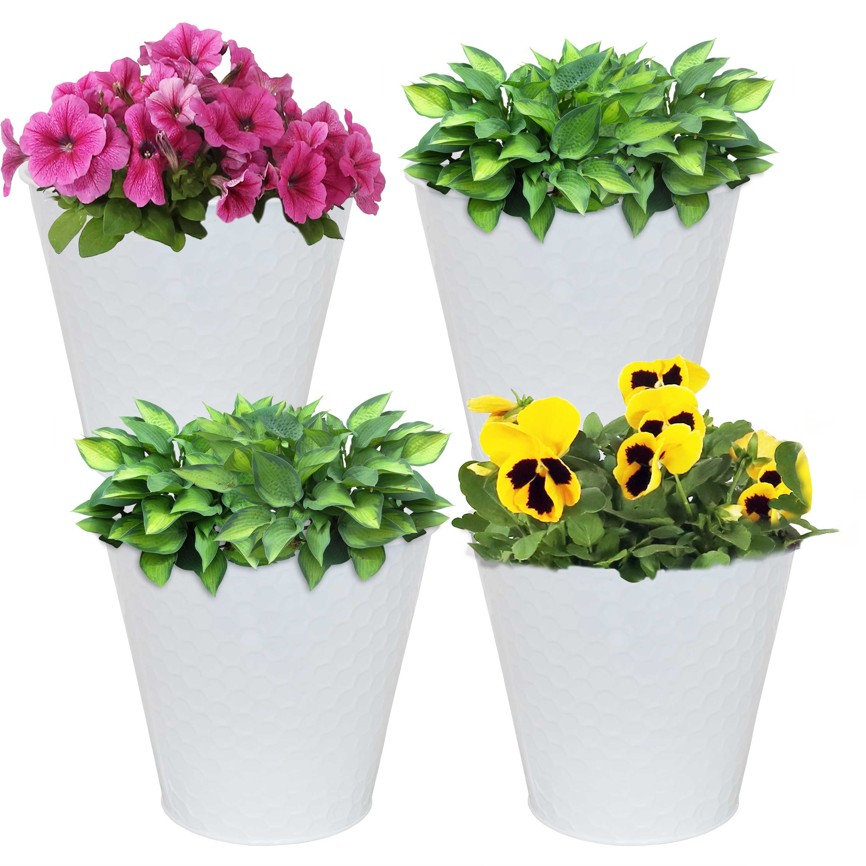 Alt View 5. Sunnydaze - Galvanized Steel Planters with Hexagon Pattern - Set of 4 - White.