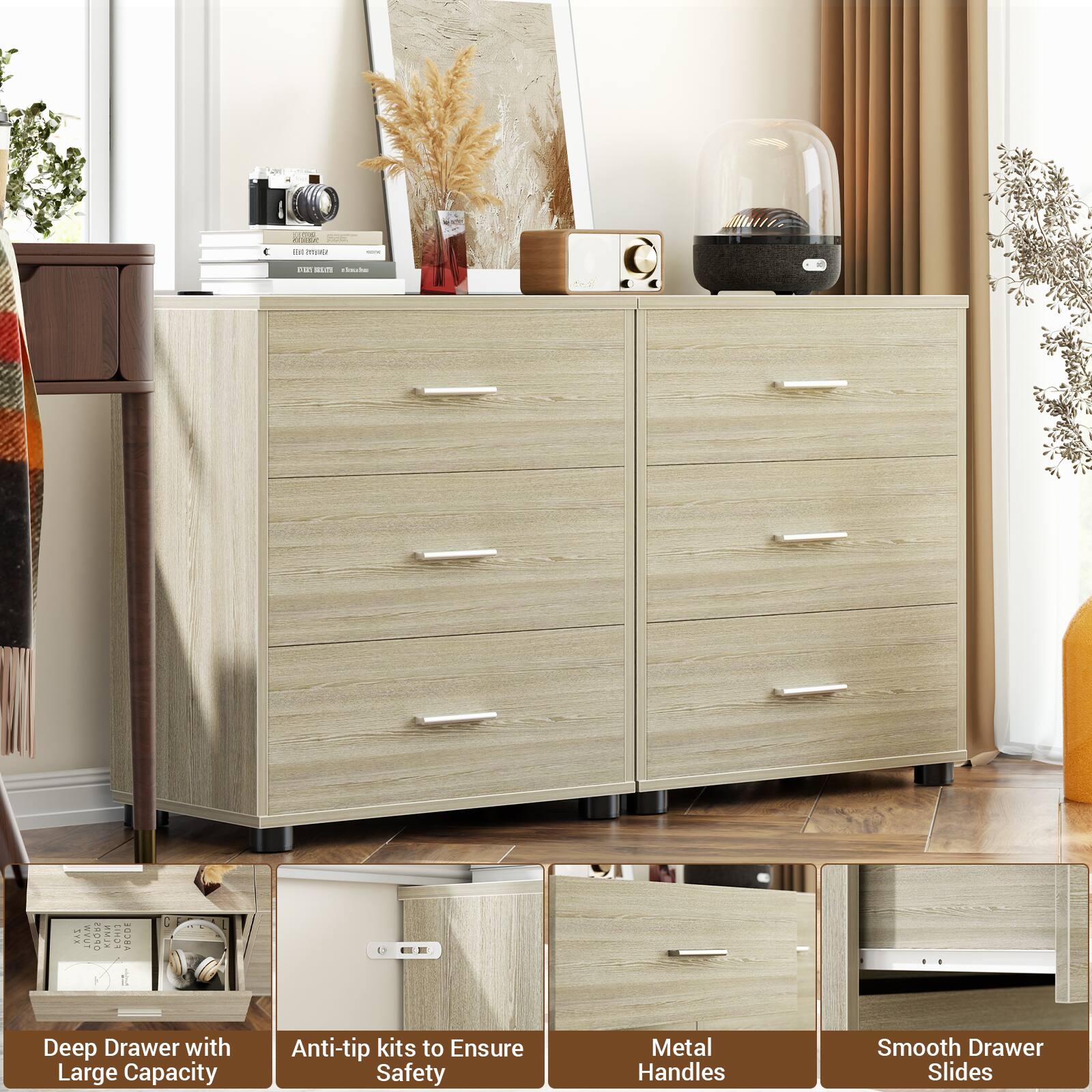 - Coe 2AS2 -  | 0 a..S  - -l E WVIT EORD KnA ACH TECO dl Deep Drawer with Large Capacity Anti-tip kits to Ensure Safety Metal Handles Smooth Drawer Slides