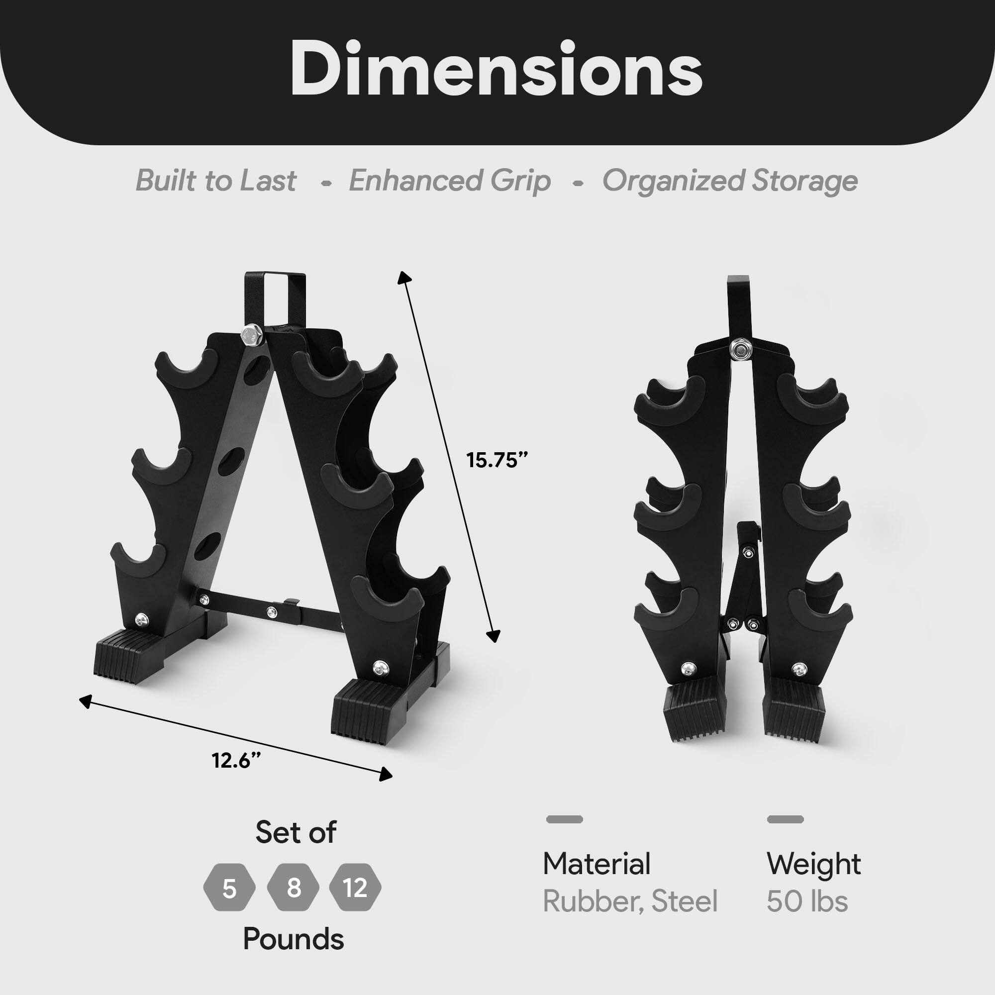 Dimensions  
Built to Last - Enhanced Grip - Organized Storage  

15.75"  
12.6"  

Set of 5 8 12 Pounds  

Material: Rubber, Steel  
Weight: 50 lbs