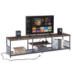 Vecelo - 71" Industrial TV Stand with Power Outlets and USB Ports – Modern Open Shelf Media Console Table for Living Room - Brown