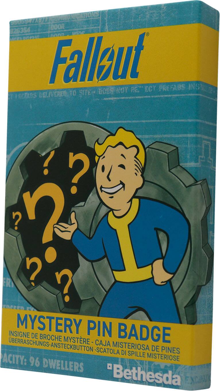 UNICATIONS 9900947X871 B2G354 E OOOR LR0OD UNN NCZADGIIC  
Fallout DOES NOT RE ECT PREFABS INSTALLEET REFADS DELIVERED TO SITE  
MYSTERY PIN BADGE  
INSIGNE DE BROCHE MYSTÈRE - CAJA MISTERIOSA DE PINES  
UBERASCHUNGS-ANSTECKBUTTON - SCATOLA MISTERIOSA DI SPILLE  
ACTY: 96 MISTERIOSE DWELLERS  
"Bethesda"