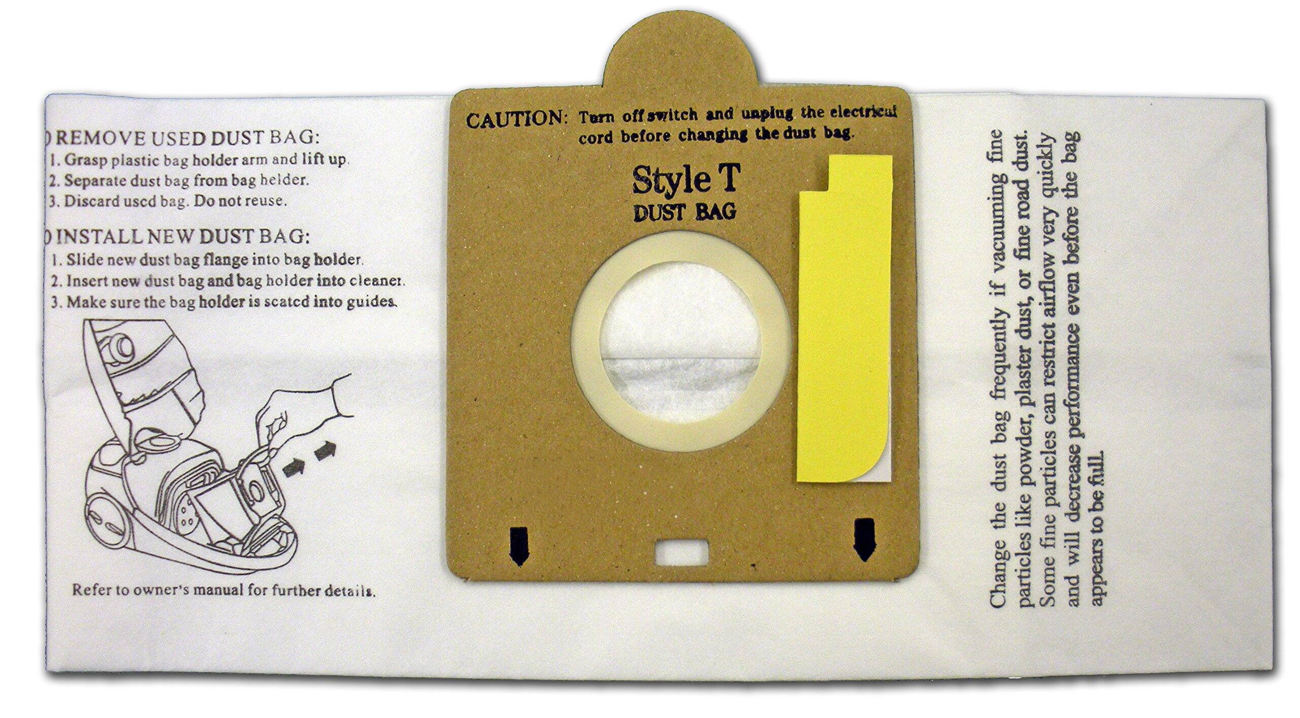 **REMOVE USED DUST BAG:**
1. Grasp plastic bag holder arm and lift up.
2. Separate dust bag from bag holder.
3. Discard used bag. Do not reuse.

**INSTALL NEW DUST BAG:**
1. Slide new dust bag flange into bag holder.
2. Insert new dust bag and bag holder into cleaner.
3. Make sure the bag holder is seated into guides.

Refer to owner's manual for further details.

**CAUTION:** Turn switch and unplug the electrical cord before changing the dust bag.

**Style T DUST BAG**

**CAUTION:** Change the dust bag frequently if vacuuming fine dust, plaster dust, or road dust. Some fine dust particles can decrease airflow and appear like powder, restricting performance.