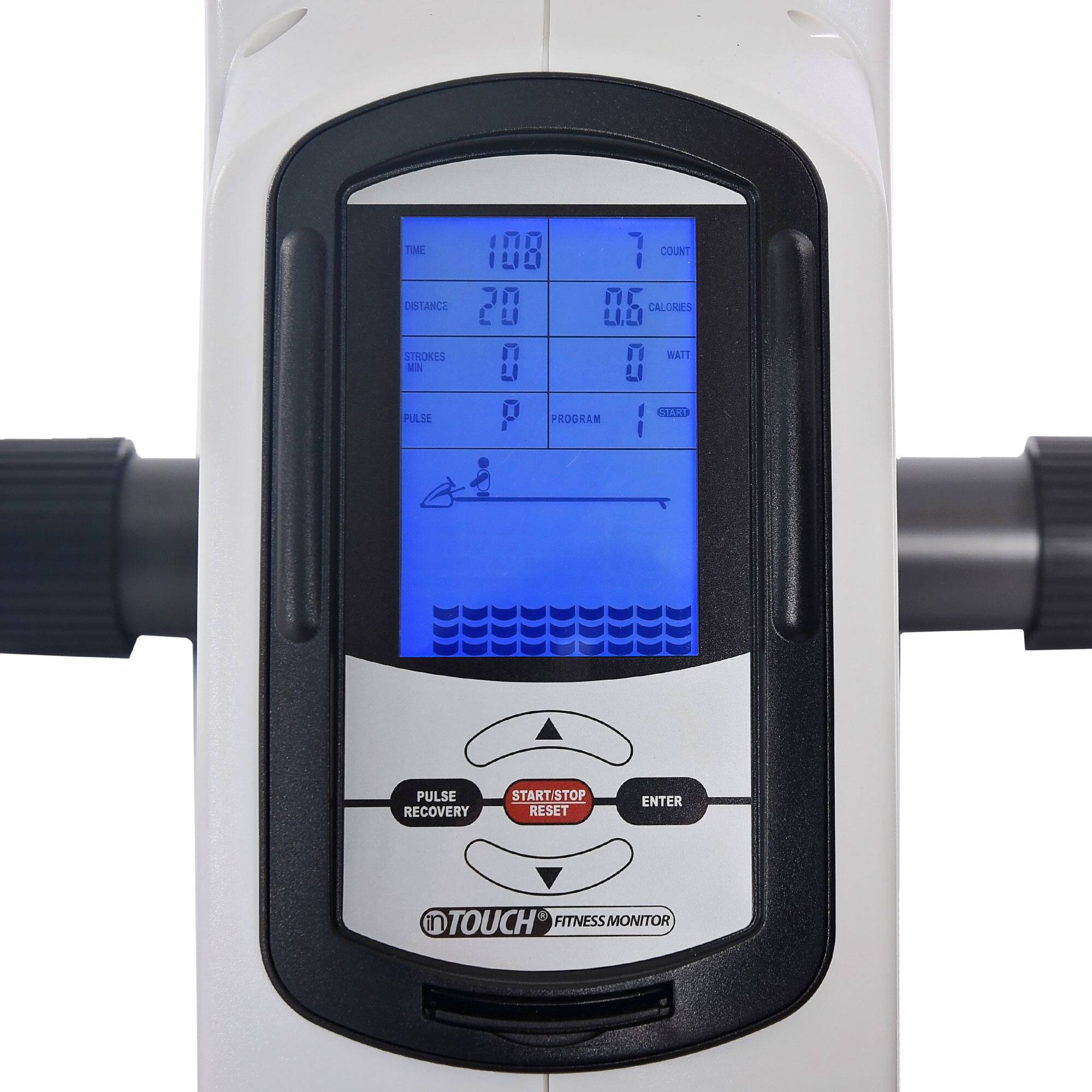 TIME: 108  
DISTANCE: 20  
STROKES: 0  
MIN: 0  
PULSE: 0  
PROGRAM: 1  
COUNT: 7  
CALORIES: 0.5  
WATT: 0  
START  
PULSE RECOVERY  
START/STOP  
RESET  
ENTER  
TOUCH FITNESS MONITOR