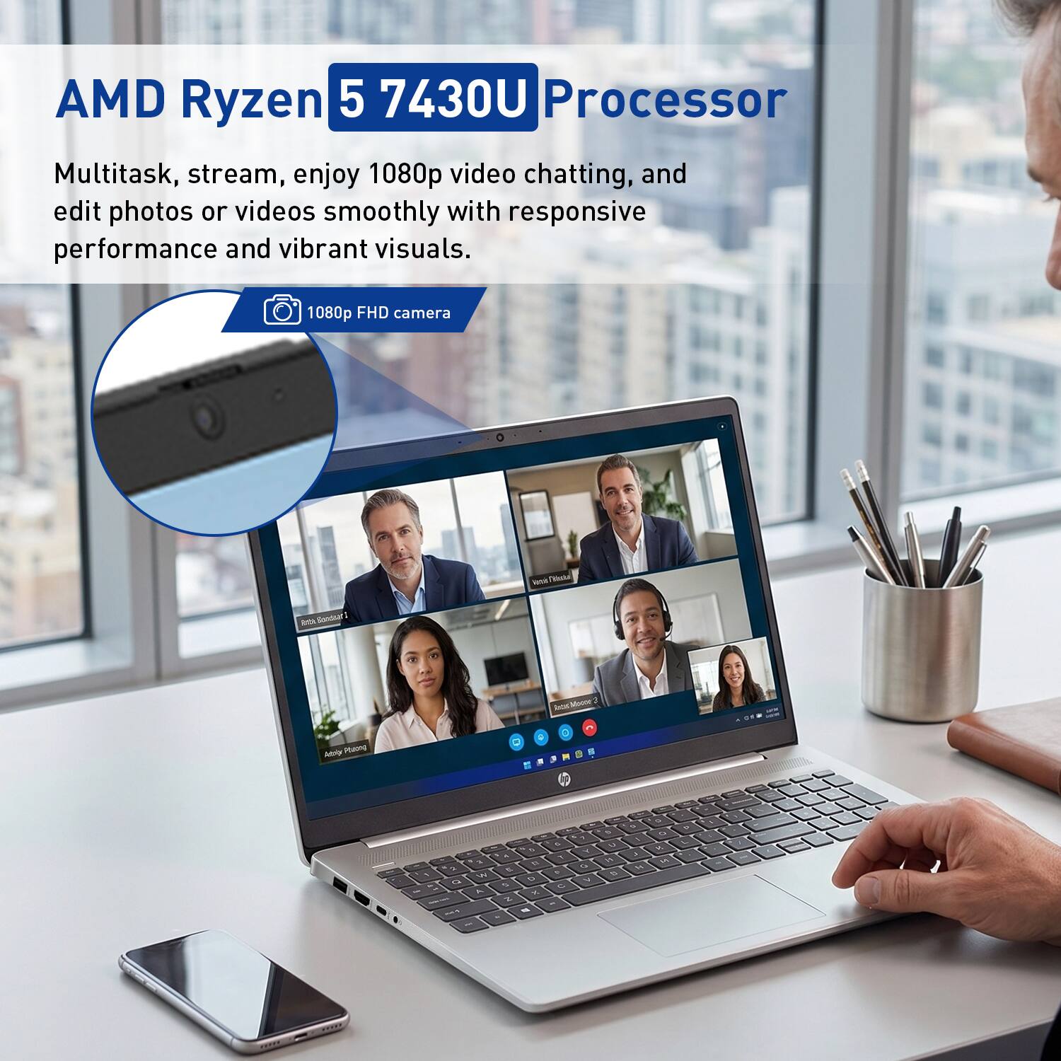 AMD Ryzen 5 7430U Processor

Multitask, stream, enjoy 1080p video chatting, and edit photos or videos smoothly with responsive performance and vibrant visuals.

1080p FHD camera