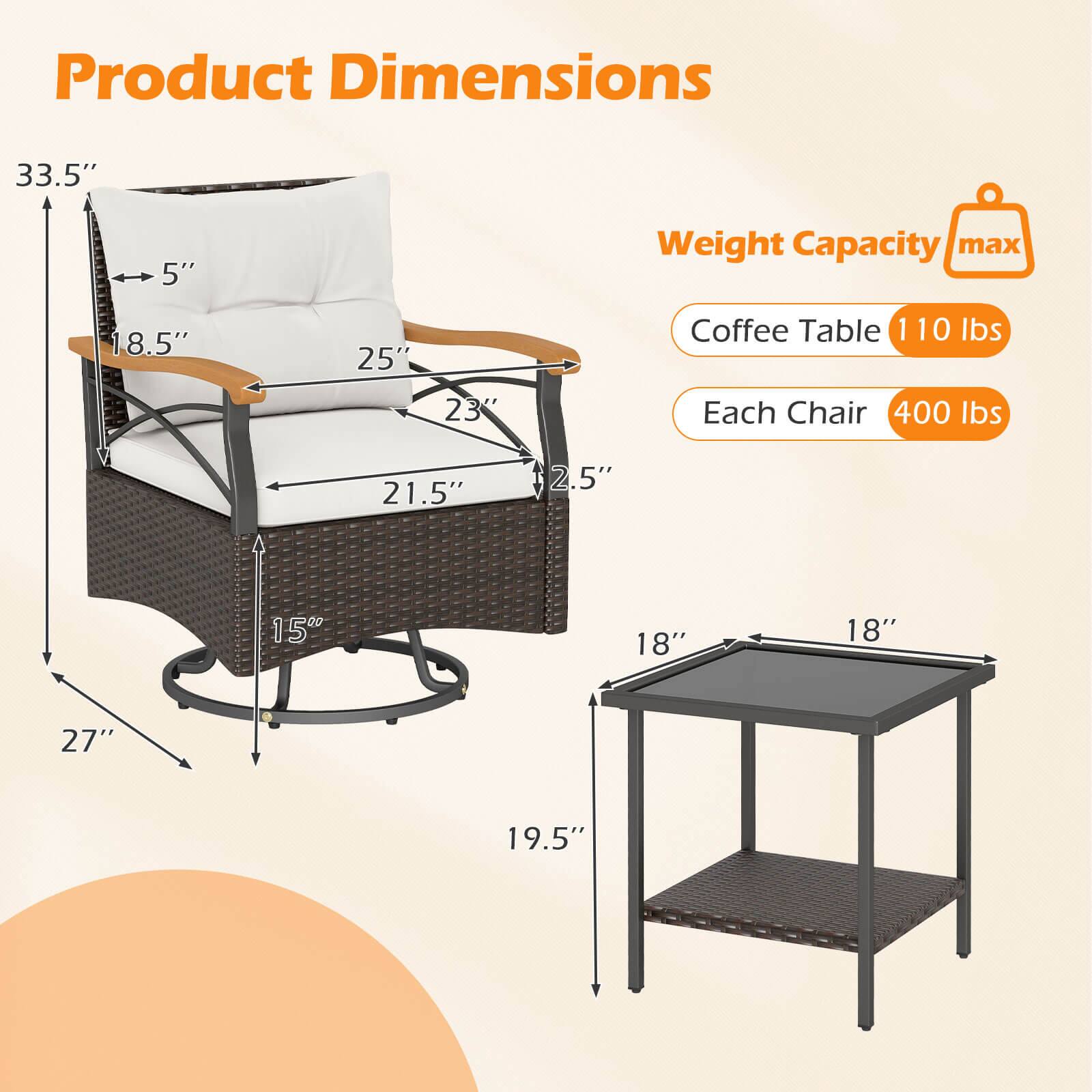 Product Dimensions

- Chair: 33.5" H x 27" W x 21.5" D
- Armrest: 5" W x 18.5" L
- Seat: 23" W x 25" L
- Backrest: 2.5" T
- Base: 15" D
- Coffee Table: 18" W x 18" L x 5" H

Weight Capacity

- Coffee Table: 110 lbs
- Each Chair: 400 lbs