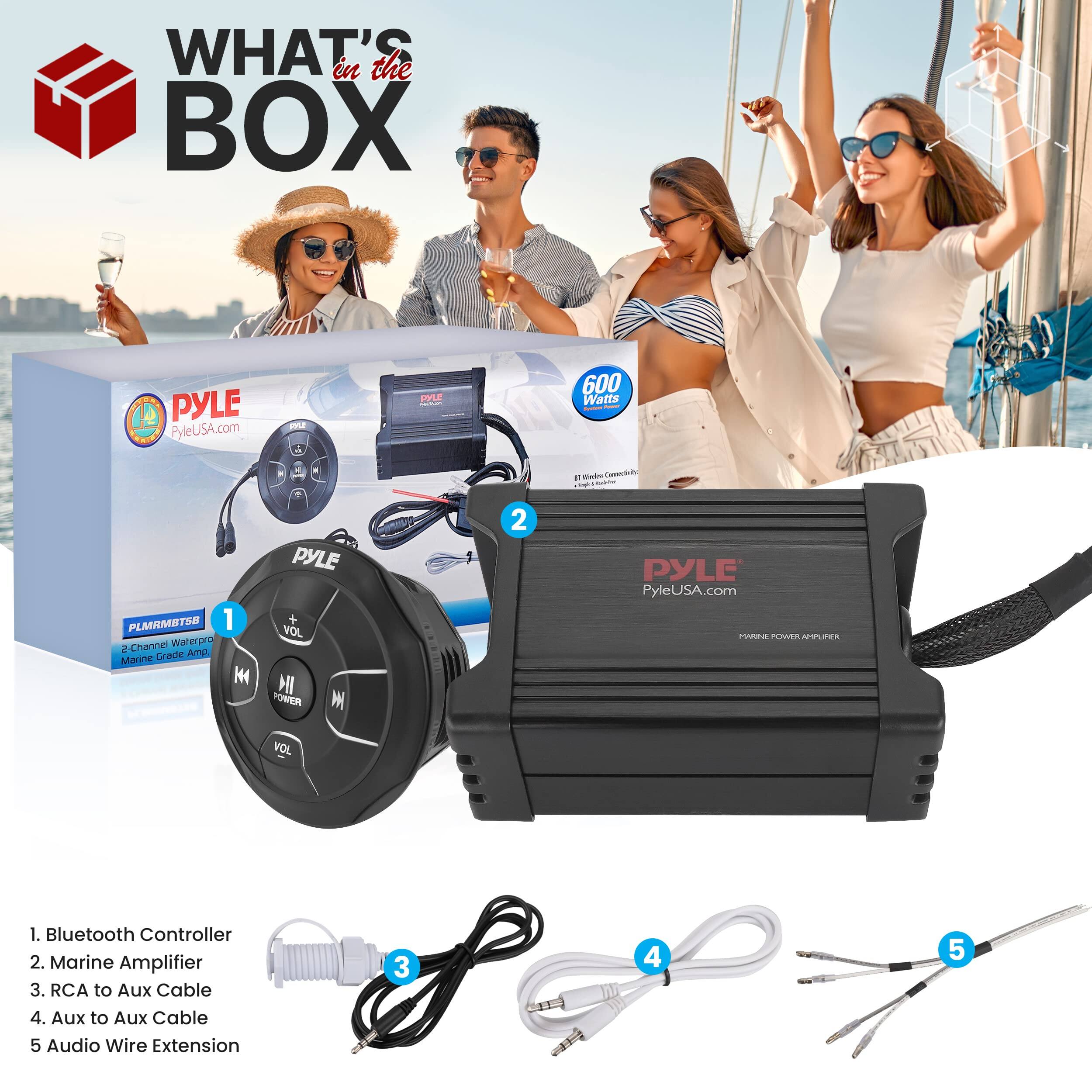 WHAT'S in the BOX  
PYLE PyleUSA.com  
600 Watts  

- 1. Bluetooth Controller  
- 2. Marine Amplifier  
- 3. RCA to Aux Cable  
- 4. Aux to Aux Cable  
- 5. Audio Wire Extension  

PLMAMBTSE 1  
2-Channel Waterproof Marine Grade Amp  
PYLE VOL M POWER
