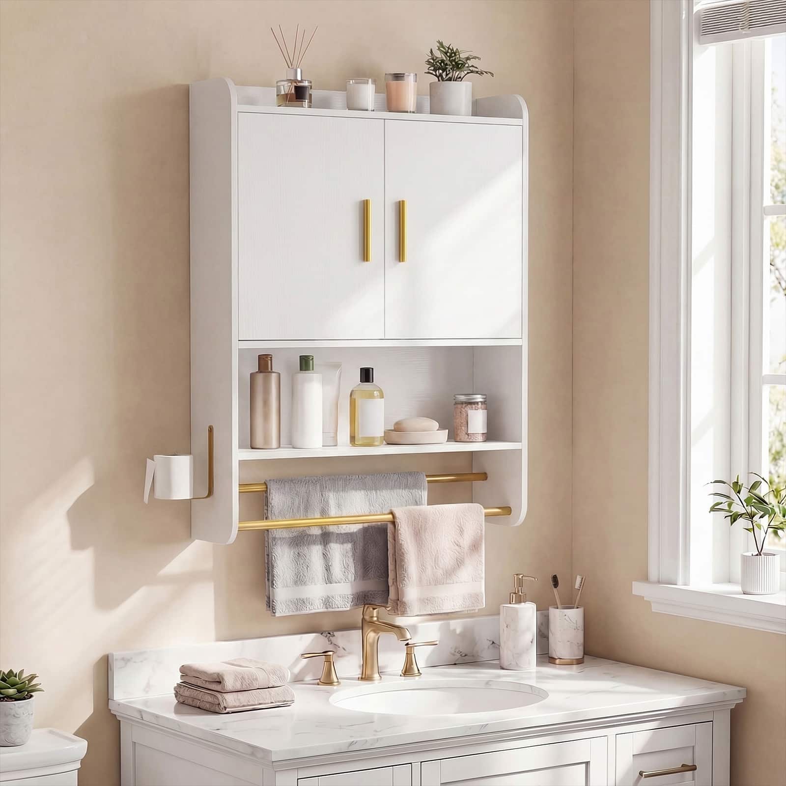 Costway - Bathroom Wall Cabinet with Towel Bars & Toilet Paper Holder for Laundry Room - White price history on PriceWatchPro