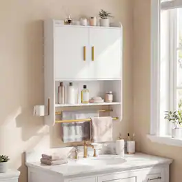 Costway - Bathroom Wall Cabinet with Towel Bars & Toilet Paper Holder for Laundry Room - White