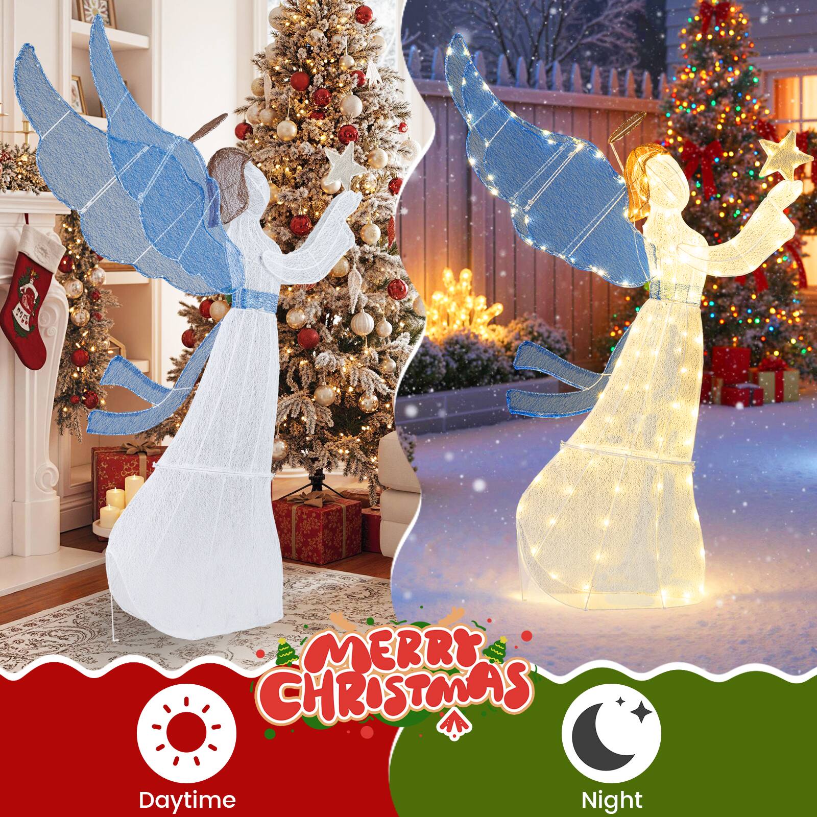 Alt View 9. Costway - Costway 5 Ft Lighted Christmas Angel with Star Halo Spreading Wings Warm White LED Lights - Multicolor.