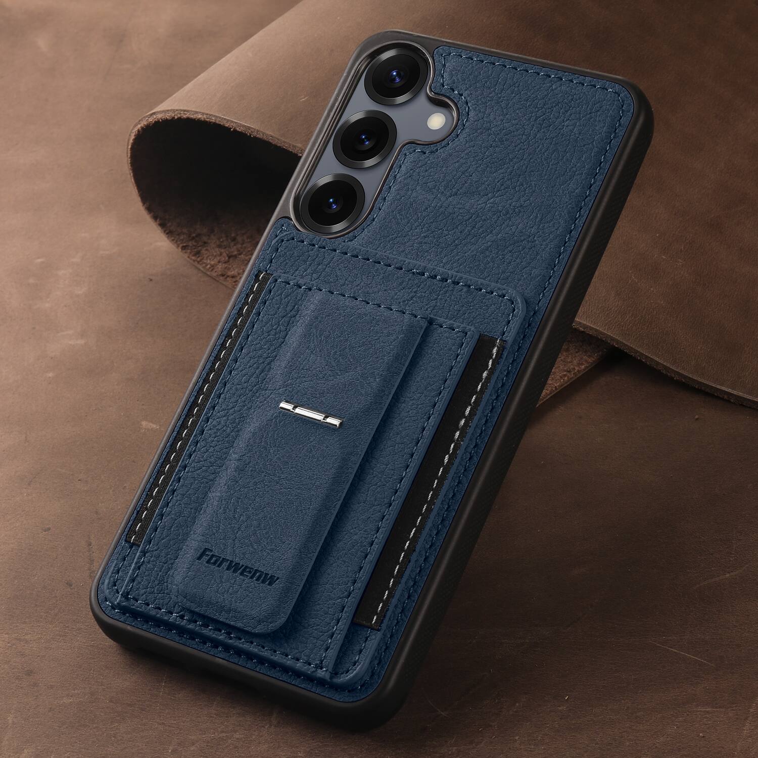 Alt View 1. Dteck - Slim Card Holder Case for Samsung Galaxy S25, Shockproof Wallet Protective Cover with Kickstand - Blue.