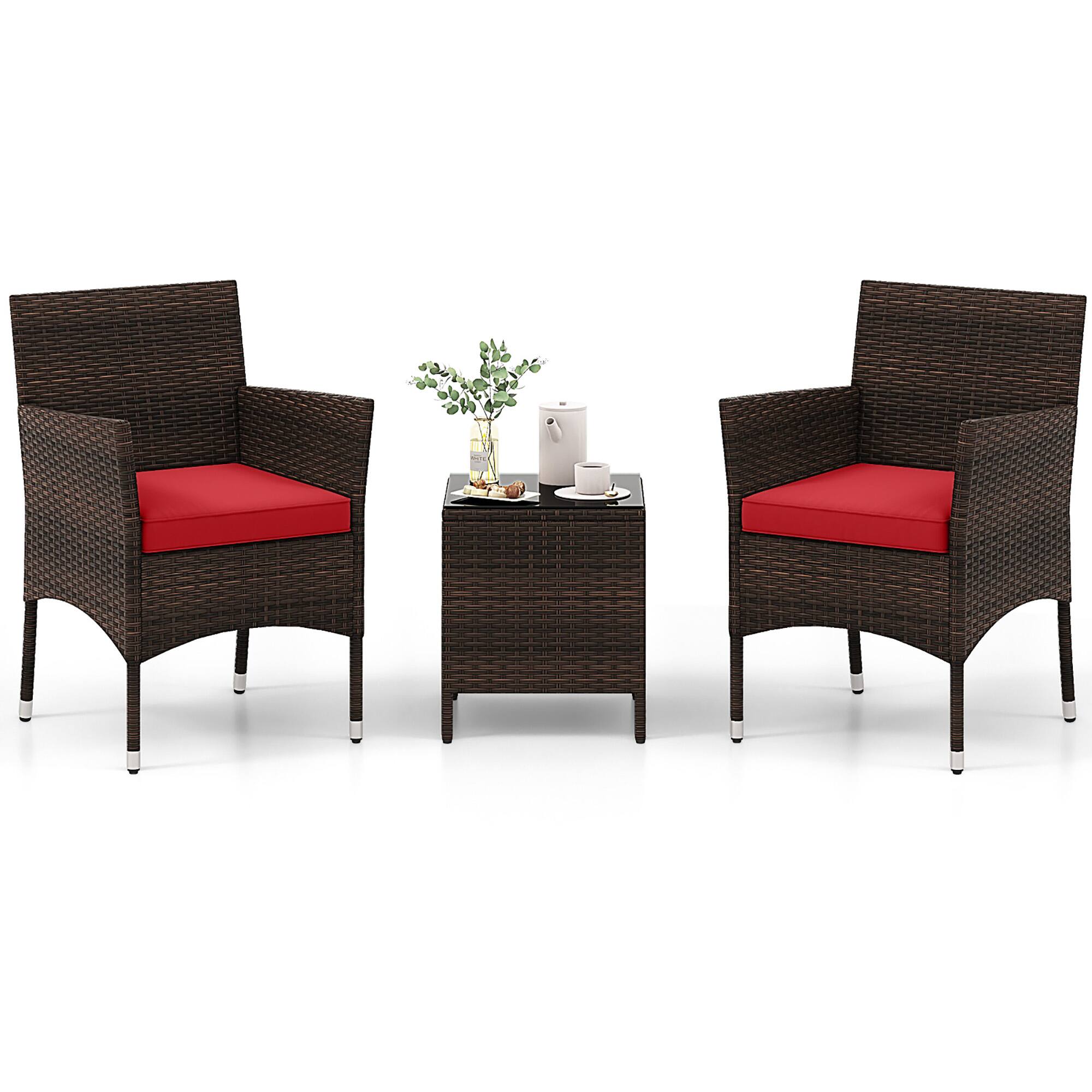 Alt View 1. Gymax - Gymax 3 PCS Outdoor Conversation Set w/ Cushioned Seat & Tempered Glass Tabletop Red - Red.