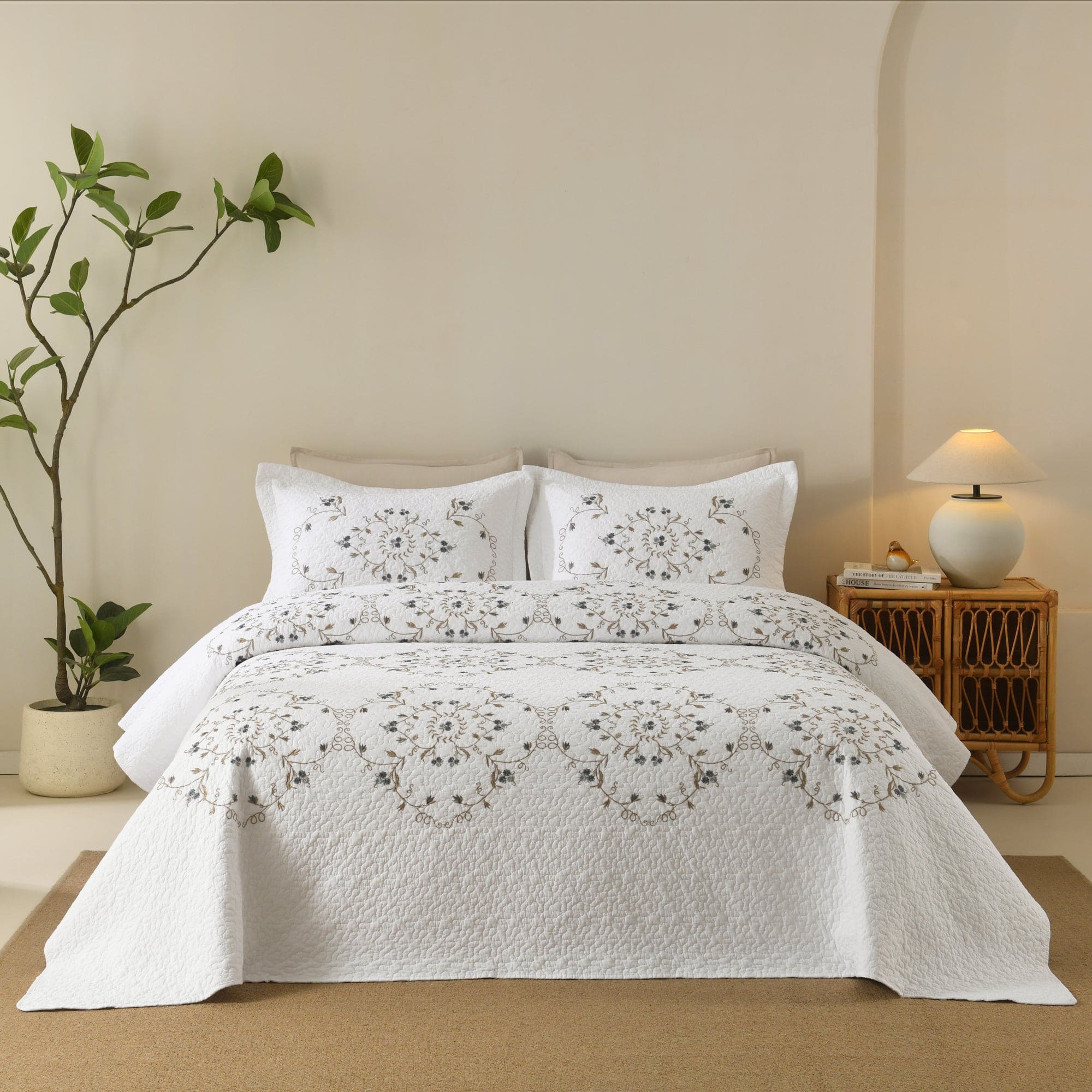 MarCielo - 3 Piece Cotton Cover Floral Embroidered Quilt Set - Vintage Cottage Bedspread Set - White price history on PriceWatchPro