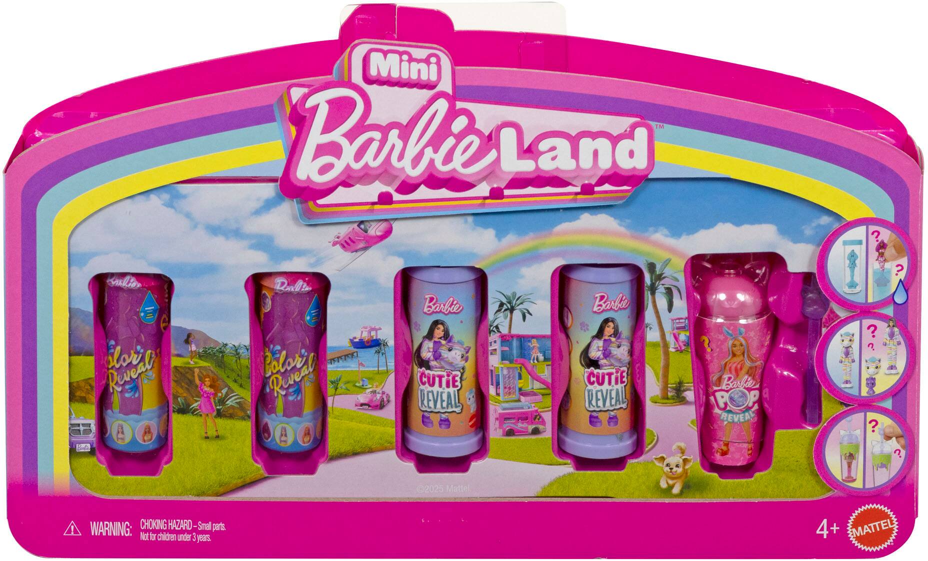 Mini TM Barbie Land, Color Reveal, Cutie Reveal, Barbie Cutie Reveal, Barbie Pop Reveal, 2025 Mattel, WARNING: CHOKING HAZARD- Small parts. Not for children under 3 years. 4+ MATTEL