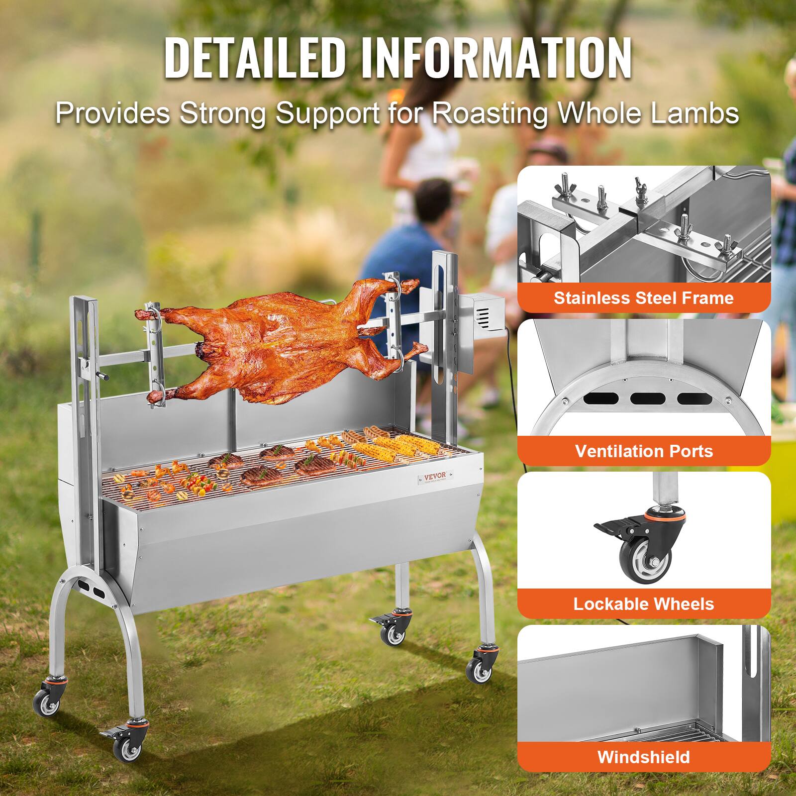 DETAILED INFORMATION, Provides Strong Support for Roasting Whole Lambs, Stainless Steel Frame, Ventilation Ports, Lockable Wheels, Windshield