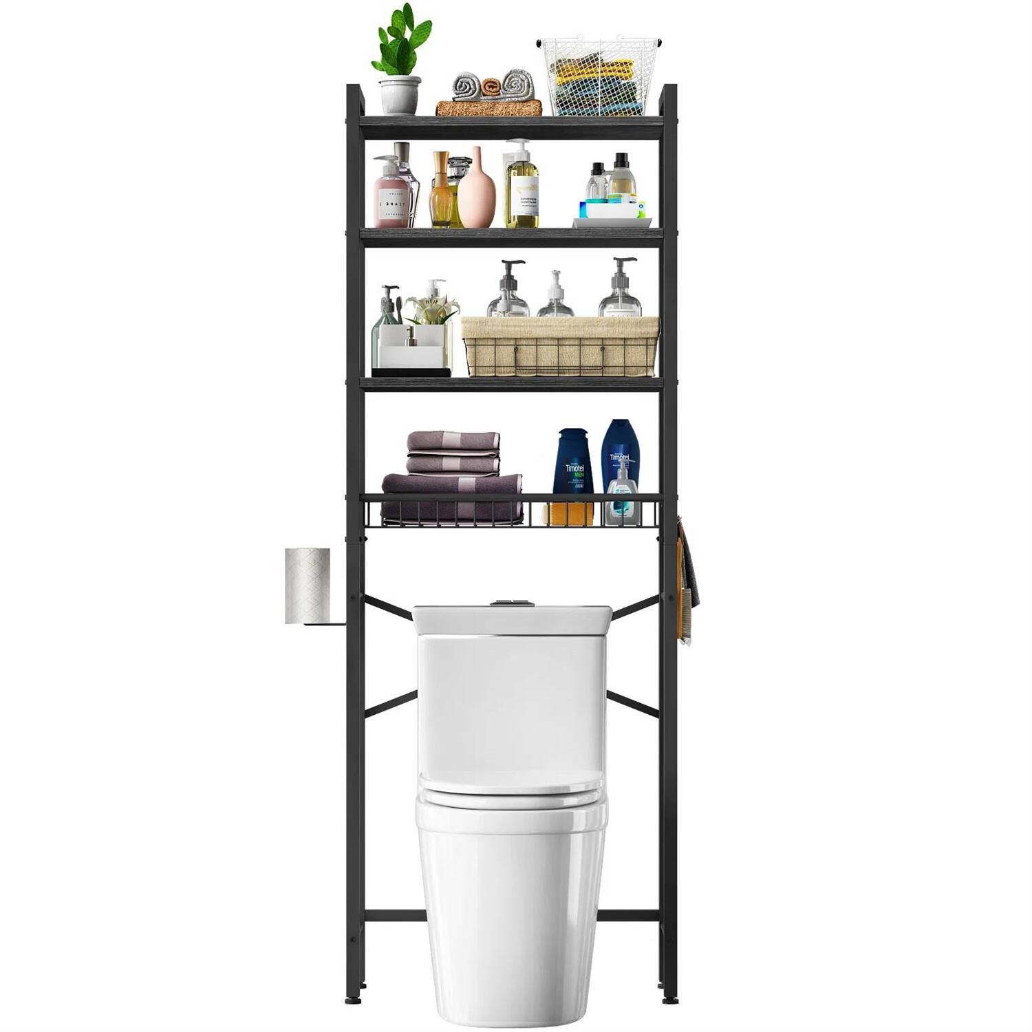 Angle. Hivvago - Black Over the Toilet Storage Freestanding Industrial Metal Wood Shelving Unit - Black.