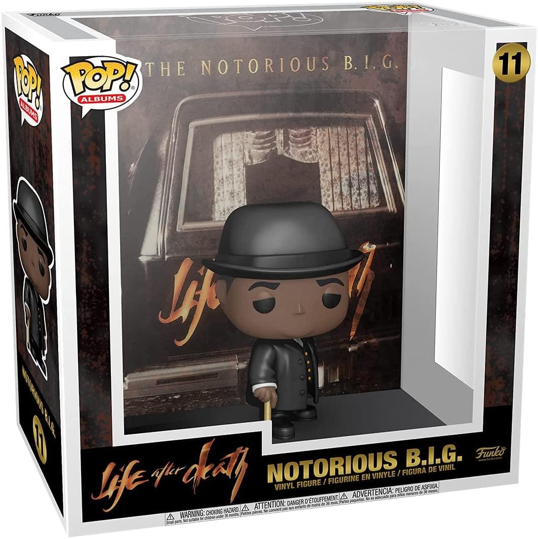 **Front:**
- THE NOTORIOUS B.I.G.
- Life after death
- NOTORIOUS B.I.G.
- VINYL FIGURE / FIGURINE EN VINYLE / FIGURA DE VINIL
- Funko

**Left Side:**
- POP! ALBUMS
- WARNING: CHOKING HAZARD - Small parts. Not for children under 3 years.

**Right Side:**
- WARNING: CHOKING HAZARD - Pequeñas piezas. No es adecuado para niños menores de 3 años.
- ADVERTENCIA: PEORIGO DE ASFIXIA - Pequeñas piezas. No es adecuado para niños menores de 3 años.
- DANGER: DÉTUFFEMENT - Pequeñas pièces. Ne convient pas aux enfants de moins de 3 ans.

**Top Right:**
- 11

**Bottom:**
- WARNING: CHOKING HAZARD - Small parts. Not for children under 3 years.
- ATTENTION: PEORIGO DE ASFIXIA - Pequeñas piezas. No es adecuado para niños menores de 3 años.
- DANGER: DÉTUFFEMENT