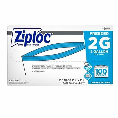 Ziploc BRAND SEAL TOP BAGS  
FREEZER 2G 2 GALLON  
STORE, PROTECT & TRANSPORT FOOD AND OTHER ITEMS  
MANUFACTURED TO MEET FDA REQUIREMENTS FOR FOOD CONTACT  
WRITE ON LABEL  
100 COUNT  
CAUTION: 100 BAGS 13 in x 15 in (33.0 cm x 38.1 cm)  
COMMERCIAL PACK