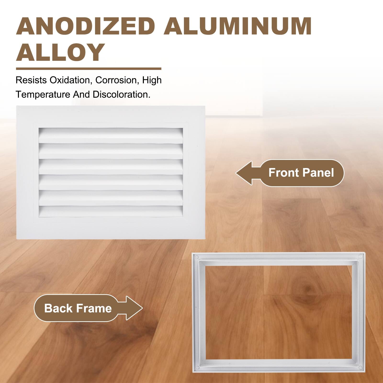 ANODIZED ALUMINUM ALLOY  
Resists Oxidation, Corrosion, High Temperature And Discoloration.  

Front Panel  
Back Frame