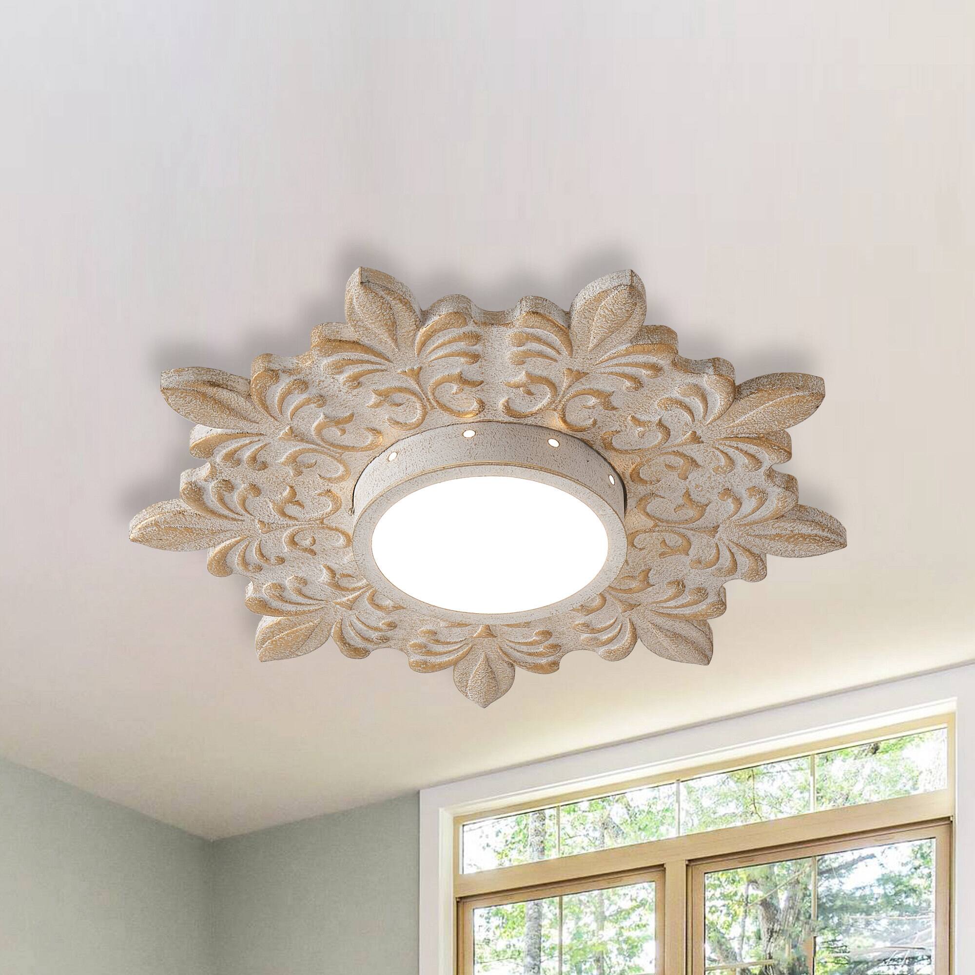 Front. Parrot Uncle - 21.6 in. Boho Distressed White Wood Dimmable Flush Mount Ceiling Light - Distressed White.