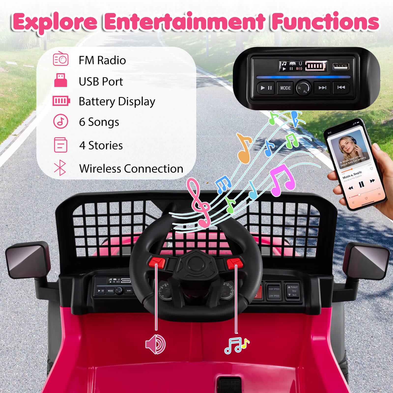 Explore Entertainment Functions

- FM Radio
- USB Port
- Battery Display
- 6 Songs
- 4 Stories
- Wireless Connection