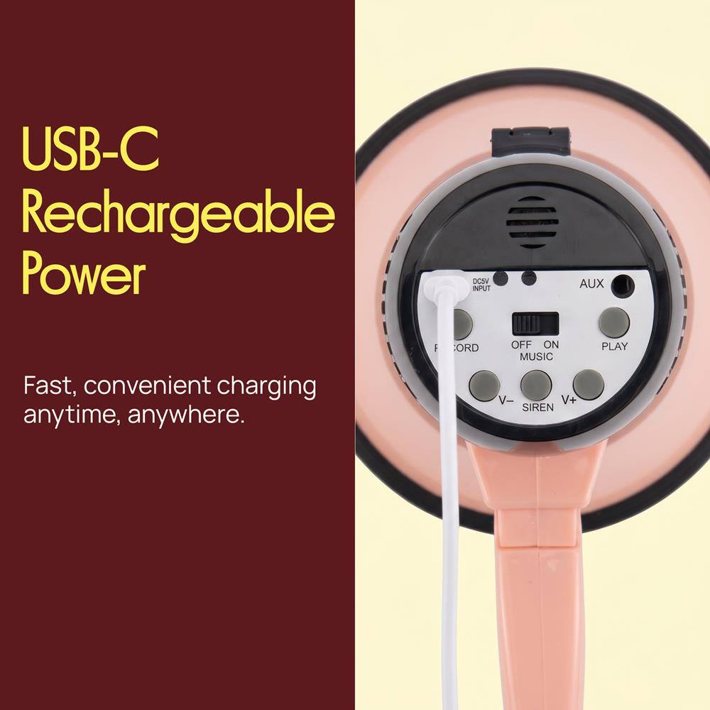 USB-C Rechargeable Power

Fast, convenient charging anytime, anywhere.

DCSV INPUT AUX

FORD OFF ON MUSIC V- V+ SIREN PLAY