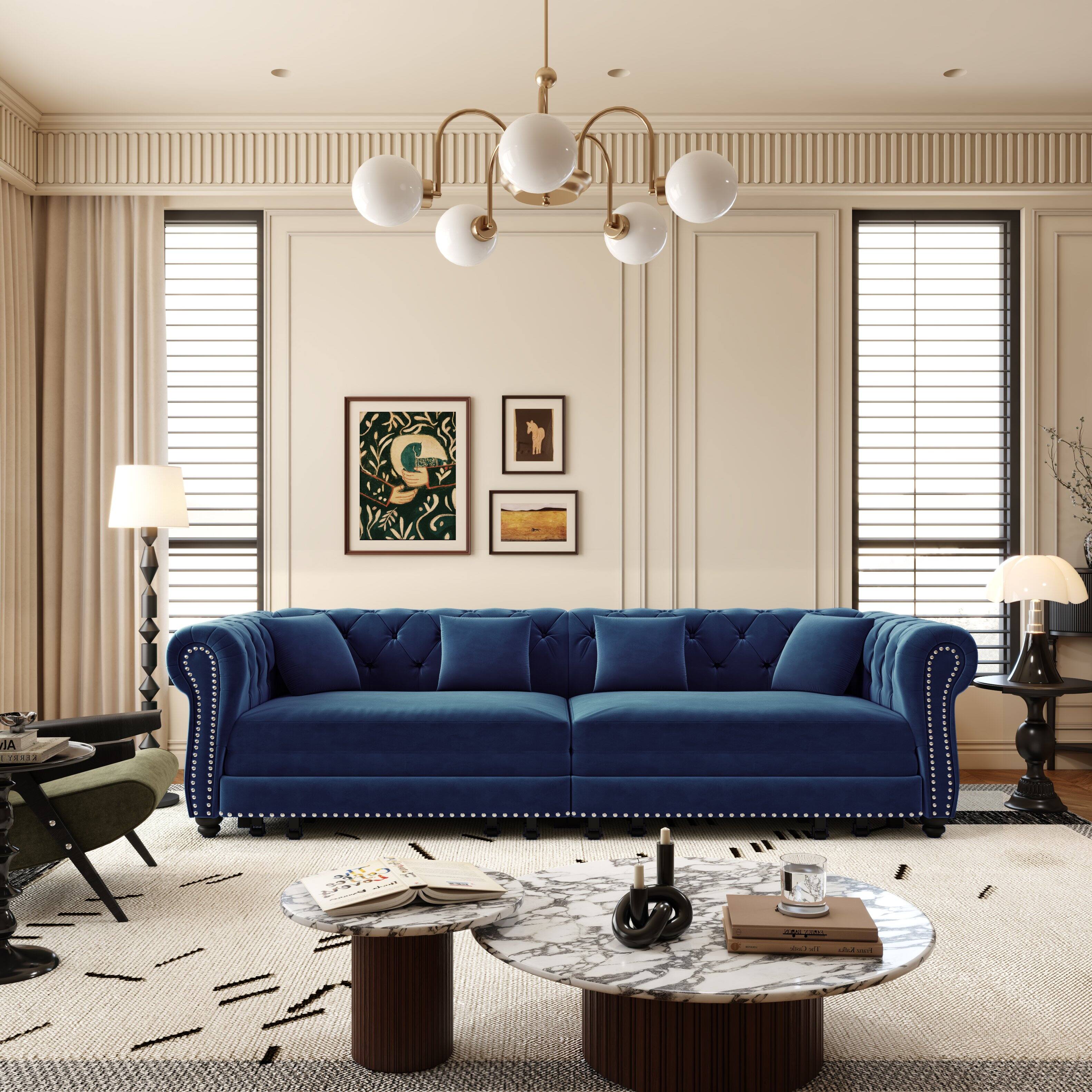 Left. Anysun - 89" 3-in-1 Velvet Chesterfield Pull-Out Sofa Bed - King Size Sleeper with Chaise & Movable Ottoman - Blue.