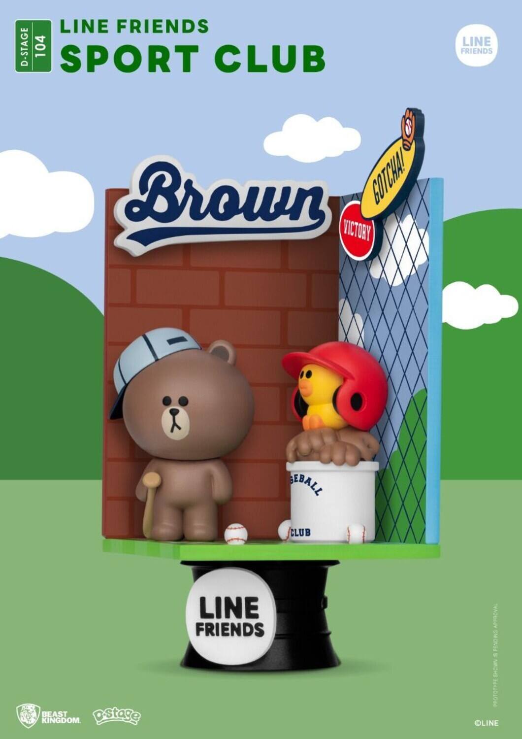 The corrected text from the image is:

"LINE FRIENDS D-STAGE 104 SPORT CLUB LINE FRIENDS Brown GOTCHA VICTORY EBALL CLUB BEAST Dstage KINGDOM. LINE FRIENDS APPROVAL PENDING NADHS PROTOTYPE SHOWN LINE FRIENDS"