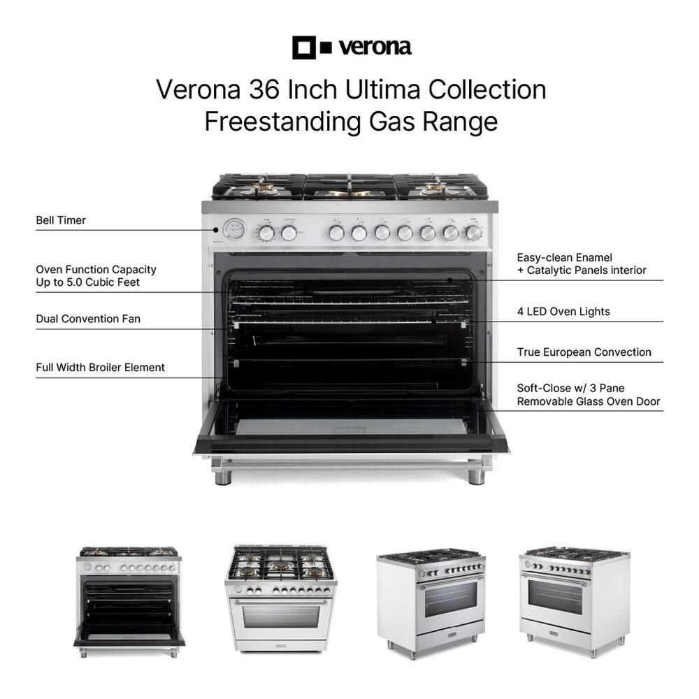 Verona 36 Inch Ultima Collection Freestanding Gas Range

- Bell Timer
- Oven Function Capacity Up to 5.0 Cubic Feet
- Dual Convention Fan
- Full Width Broiler Element
- Easy-clean Enamel + Catalytic Panels interior
- 4 LED Oven Lights
- True European Convection
- Soft-Close w/ 3 Pane Removable Glass Oven Door