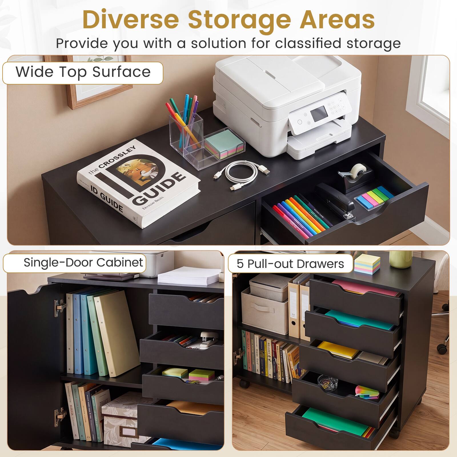 Diverse Storage Areas Provide you with a solution for classified storage

Wide Top Surface

Single-Door Cabinet

5 Pull-out Drawers