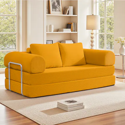 Front. KERDOM - 3-4 Person Sectional Sofa 78'' W, Foldable Modular Corduroy Combination Couch Bed for Apartment, No Assembly Required - Ginger Yellow.