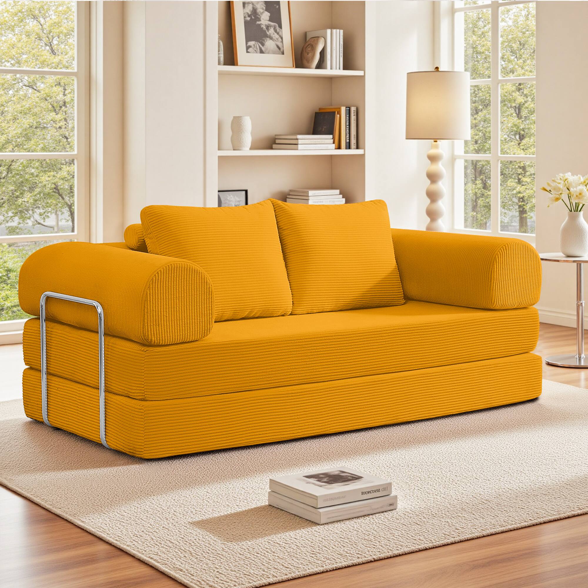 Front. KERDOM - 3-4 Person Sectional Sofa 78'' W, Foldable Modular Corduroy Combination Couch Bed for Apartment, No Assembly Required - Ginger Yellow.