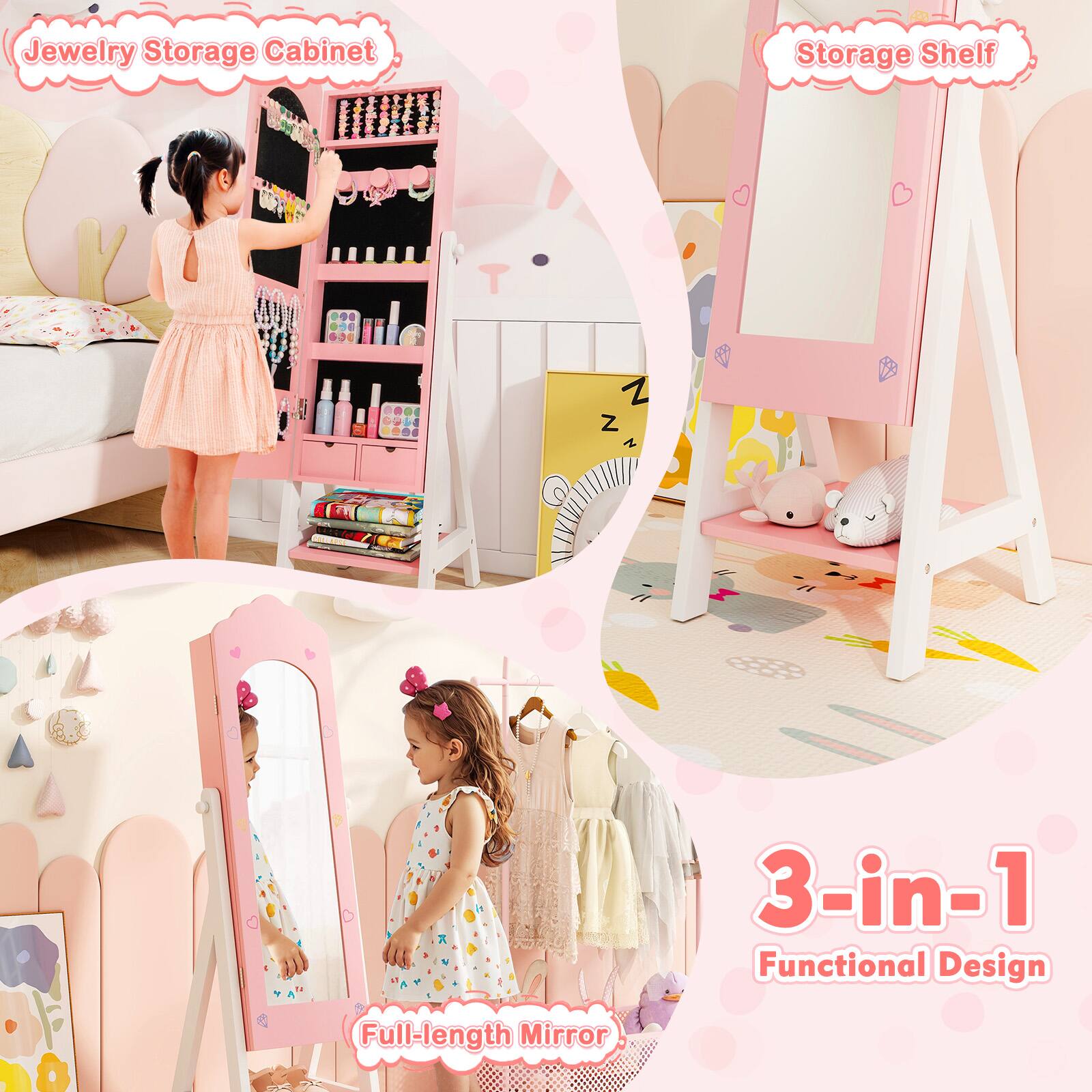 Jewelry Storage Cabinet, Storage Shelf, Full-length Mirror, 3-in-1 Functional Design
