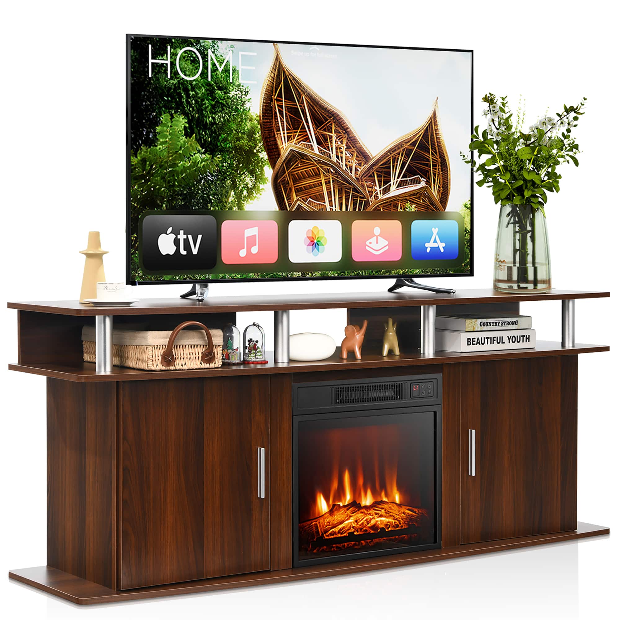 Costway - 63" Fireplace TV Stand W/18" 1400W Electric Fireplace up to 70" - Walnut