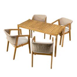 Whisen - 5-Piece Outdoor Acacia Wood Dining Set - 1 Table and 4 Cushioned Chairs - Light Teak|Beige
