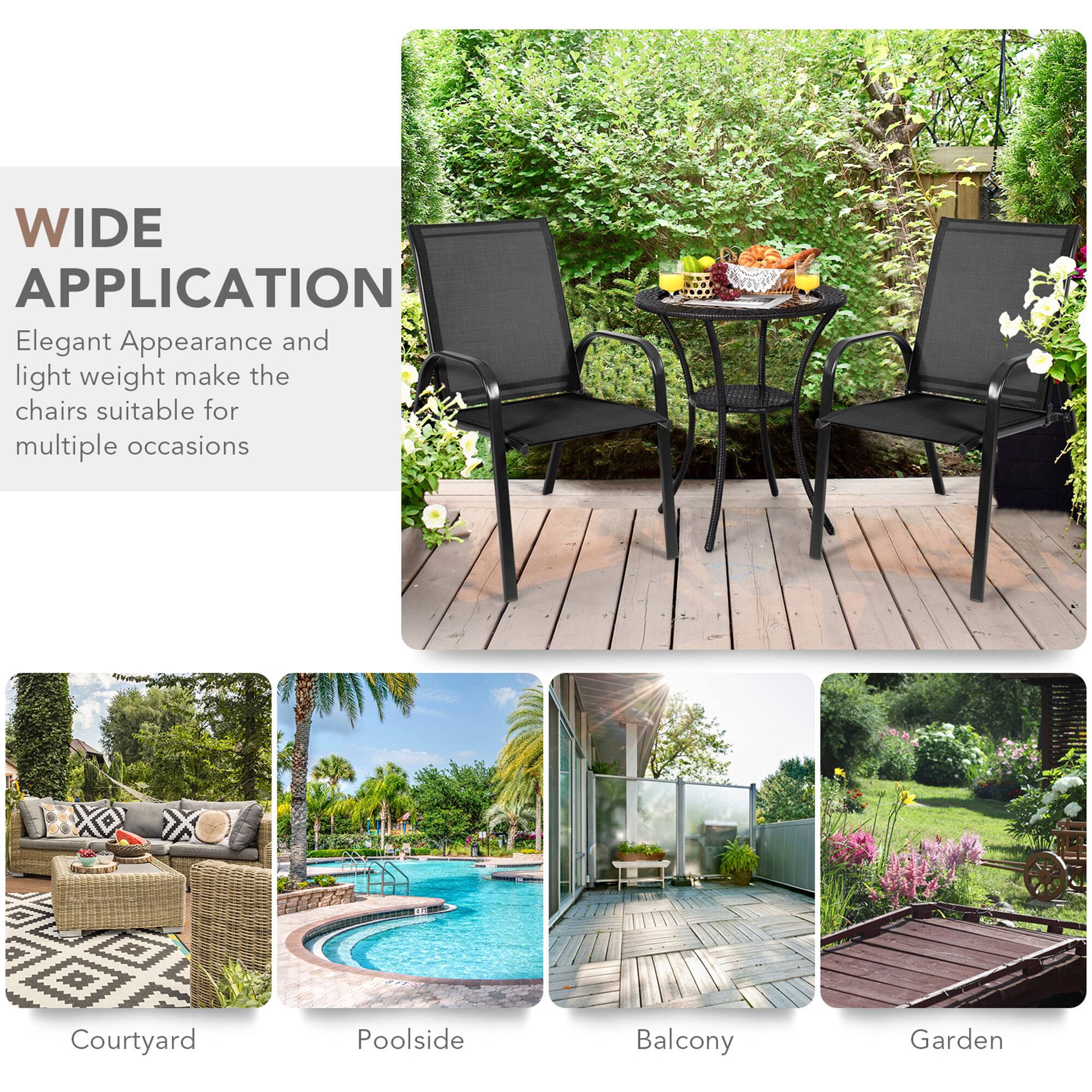 WIDE APPLICATION

Elegant Appearance and light weight make the chairs suitable for multiple occasions

Courtyard  
Poolside  
Balcony  
Garden