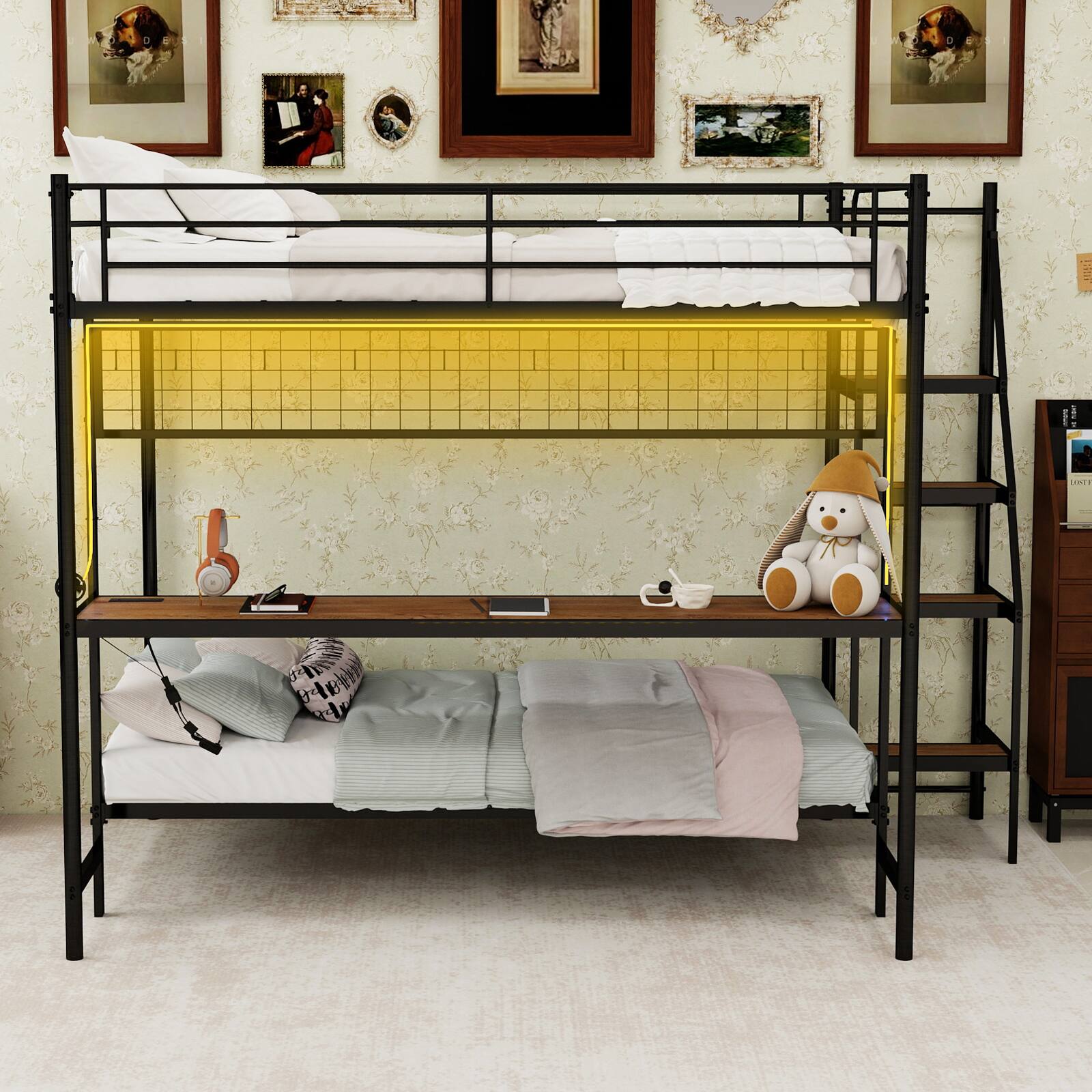 Alt View 5. Loheer - Loheer Full Over Twin Metal Bunk Bed with Desk and LED Lights Black Loft Bed Frame - Antique Black.