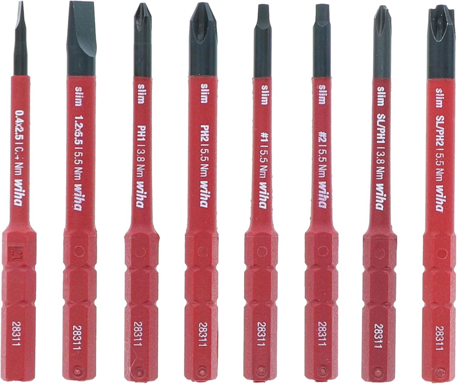 0.4x2.5 - C+ Nm wiha slim  
1.2x5.5 - 5.5 Nm wiha slim  
PH1 - 3.8 Nm wiha slim  
PH2 - 5.5 Nm wiha slim  
#1 - 15.5 Nm wiha slim  
#2 - 5.5 Nm wiha slim  
SLPH1 - 3.8 Nm wiha slim  
SL/PH2 - 5.5 Nm wiha slim  

28311  
28311  
28311  
28311  
28311  
28311  
28311  
28311