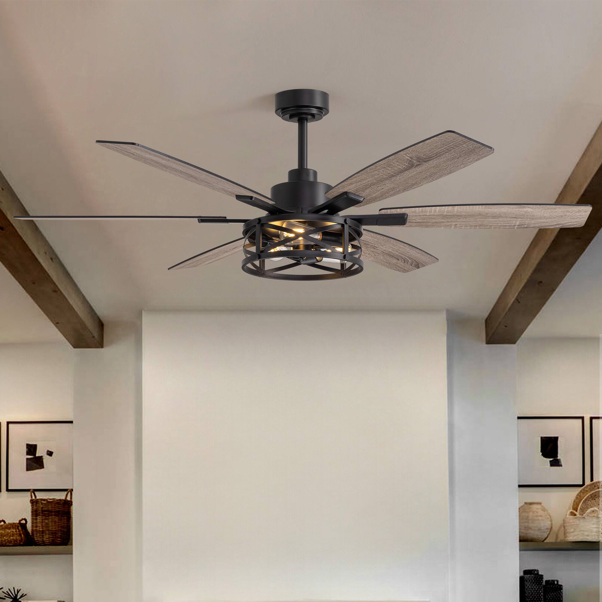 Angle. Siljoy - 6-Blade Industrial Caged Ceiling Fan with Light - Multi-Speed, Reversible, Adjustable Downrod.
