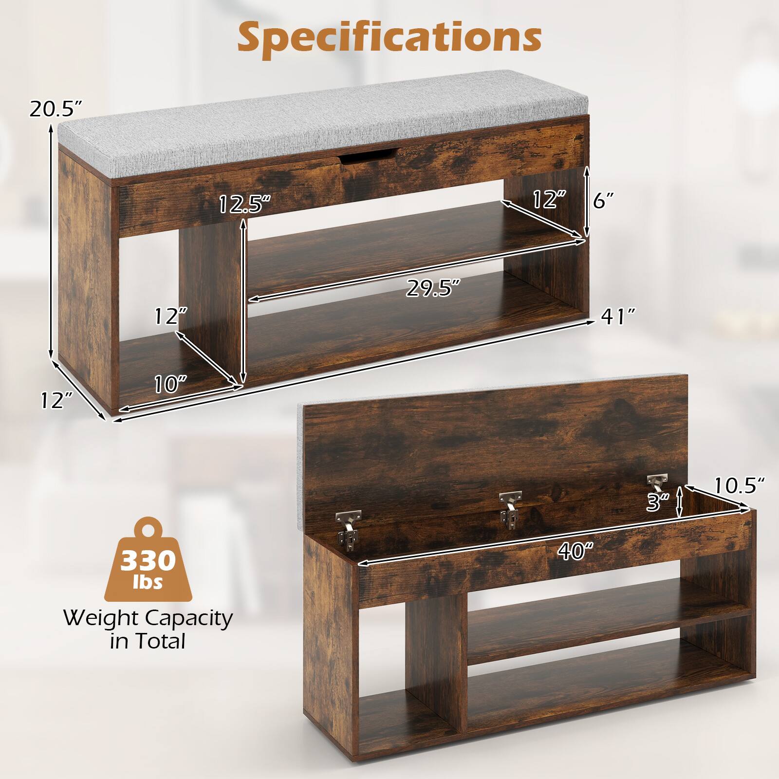 Specifications

- 20.5" (Width)
- 12.5" (Depth)
- 12" (Height)
- 6" (Shelf Height)
- 29.5" (Shelf Length)
- 41" (Total Height)
- 12" (Side Panel Height)
- 10" (Side Panel Depth)
- 10.5" (Drawer Pull Length)
- 3" (Drawer Pull Height)
- 40" (Drawer Length)
- 330 lbs (Weight Capacity in Total)