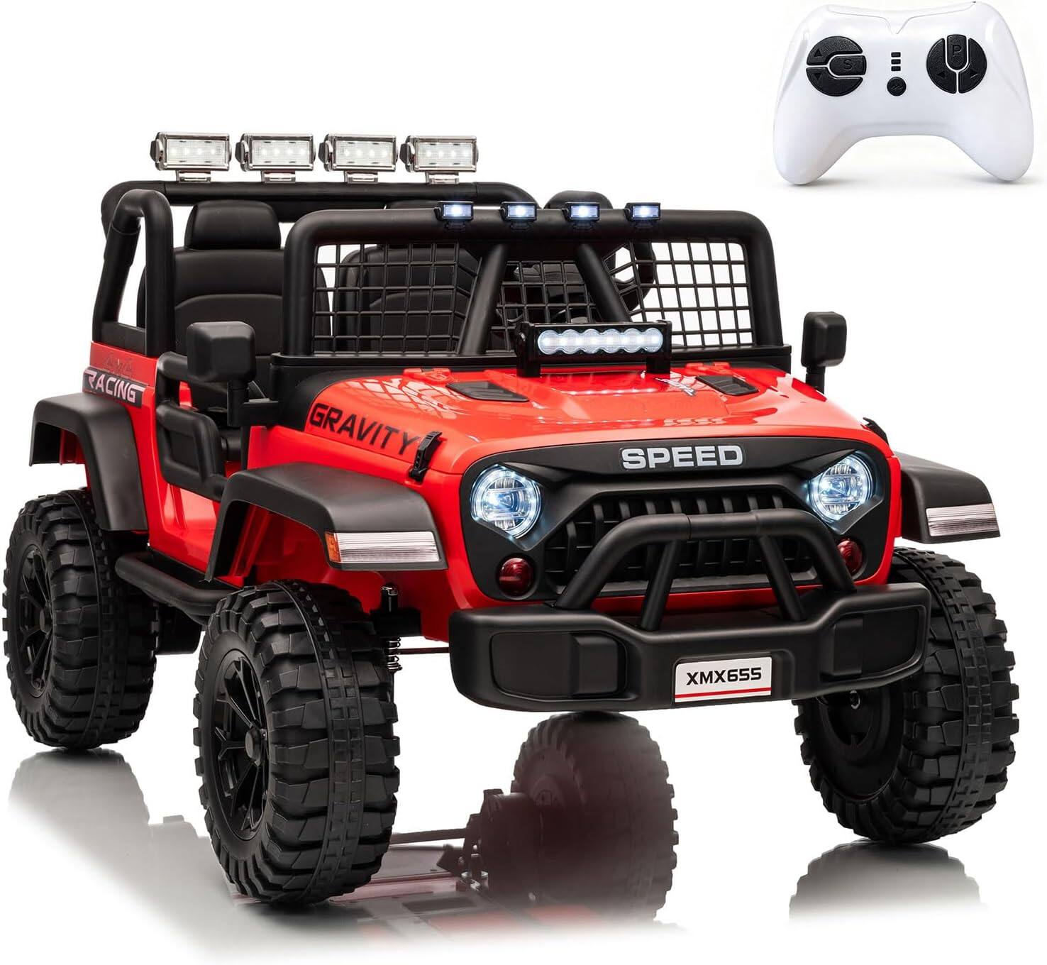 GARVEE - 24V 4WD 2-Seater Ride-On Truck for Kids, Remote Control, LED Lights, Music Player, 7Ah Battery, 2 Speeds, Suspension - Red