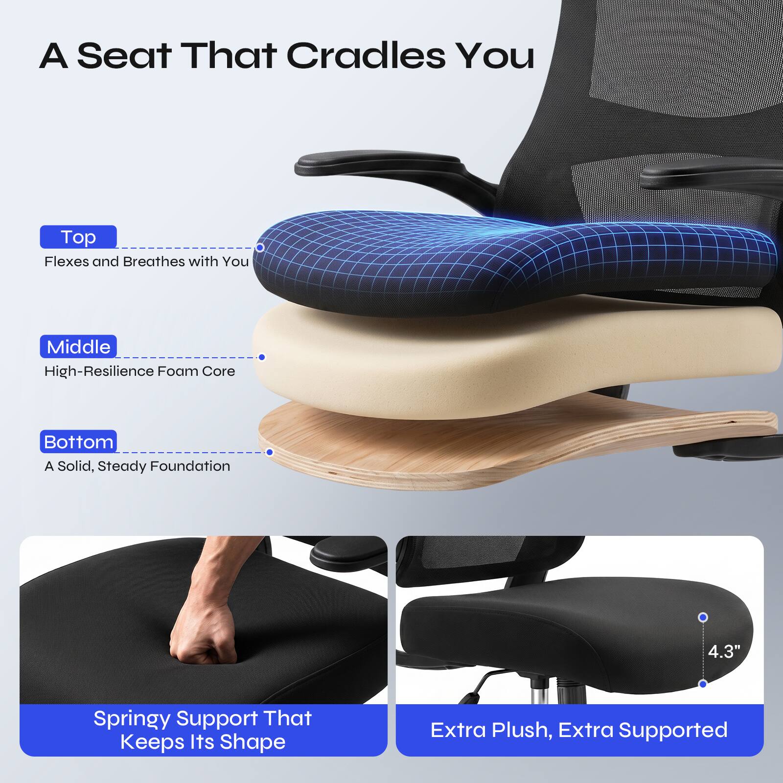 A Seat That Cradles You

Top
Flexes and Breathes with You

Middle
High-Resilience Foam Core

Bottom
A Solid, Steady Foundation

4.3"

Springy Support That Keeps Its Shape

Extra Plush, Extra Supported